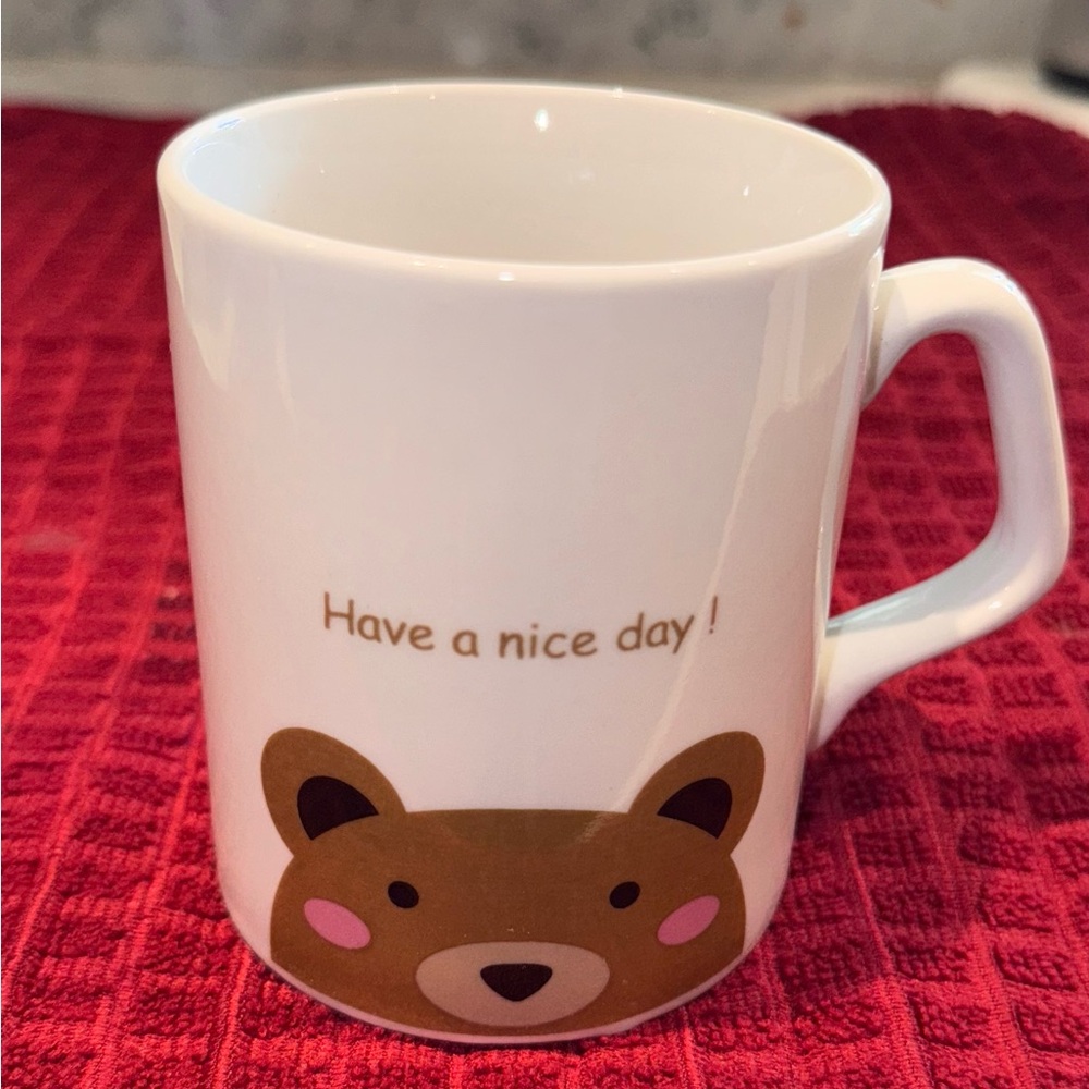 Cute Bear Mug - “Have a nice day” - White and Brown